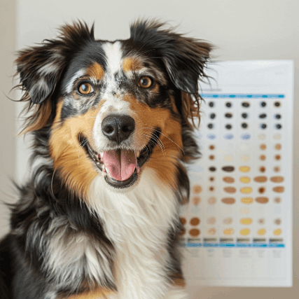 A mix-breed Australian Shepherd dog sitting next to a chart showing dog dna test results