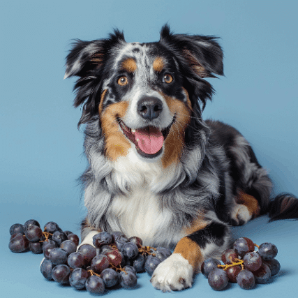 happy mix breed australian shepred sitting next to Grapes and Raisins
