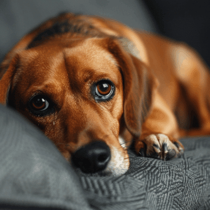sad dog lying on sofa