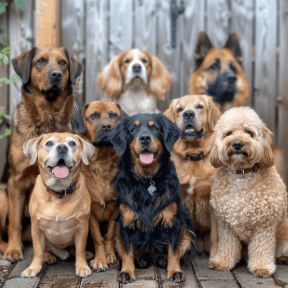 French Bulldog, Golden Retriever, Boxer, labrador, Cocker Spaniel, Poodle and german shepherd sitting next to each other looking at the camera